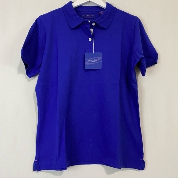 Ultra Club Tops - Ultra Club Women’s Platinum Button Short Sleeve Polo University Blue NWT